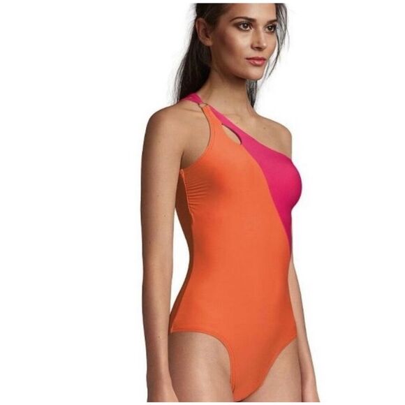 Lands' End Women's One Shoulder Pink and Orange One Piece Swimsuit - Picture 2 of 5